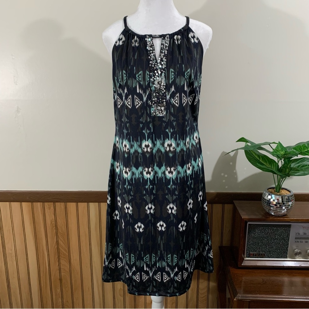 NWOT INC Tribal Print Stretch Sequin Halter Dress (Medium)